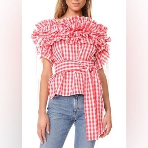 Style Keepers Sangria Off Shoulder Gingham Top Red White Ruffle Statement Blouse